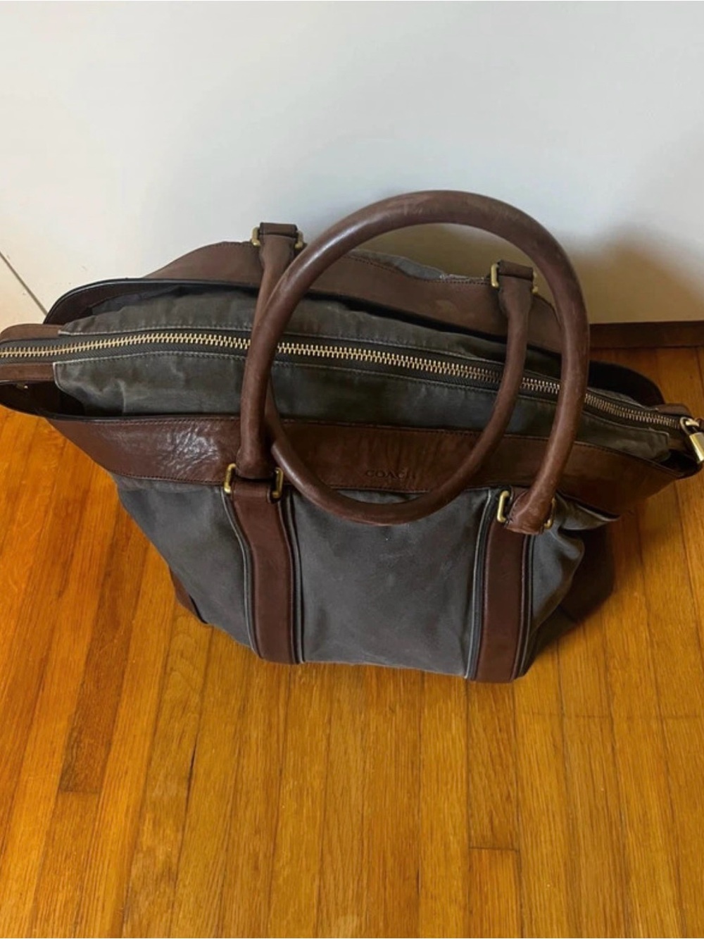 Coach Leather-Trim Canvas Tote Bag - Brown/Gray bleeker legacy bag